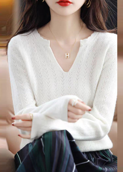 Simple White V Neck Ruffled Cotton Knit Sweaters Fall QP019 OL-NTP241001