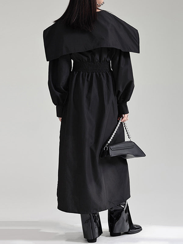 Pleated Black Asymmetric Lapel Waisted Long High Modern Belted FashionChic