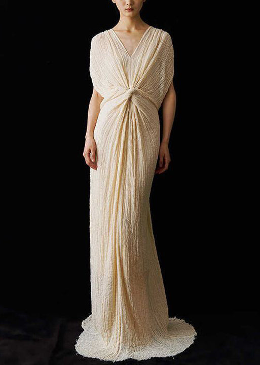 Up Italian Summer Dress Neck Lace Wrinkled Ankle V FashionChic