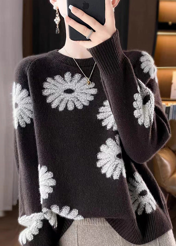 Loose Coffee O-Neck Print Wool Knit Sweaters Fall QP043 OL-NTP241001
