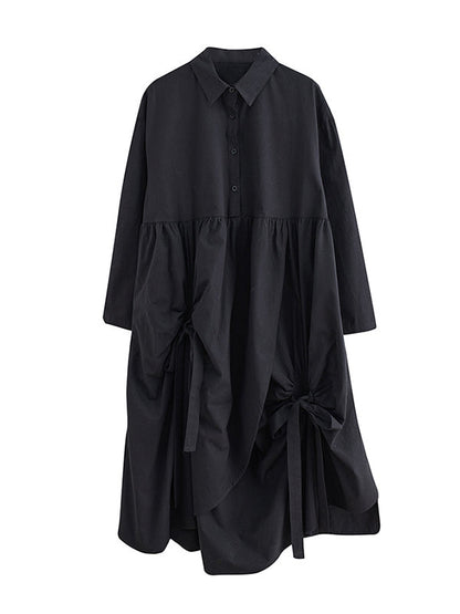 Stylish Black Lapel Buttoned Drawstring Pleated Tied Pockets Sleeves Shirt Dress WS004 shopify