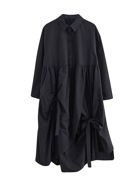 Stylish Black Lapel Buttoned Drawstring Pleated Tied Pockets Sleeves Shirt Dress WS004 shopify