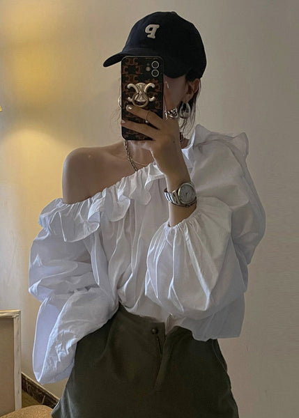 Cold Blouse Puff Sleeve French Shoulder Cotton White Top FashionChic