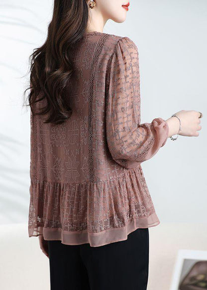 Loose Coffee O-Neck Embroidered Patchwork Silk Top Bracelet Sleeve WD025 OL-LTP241103