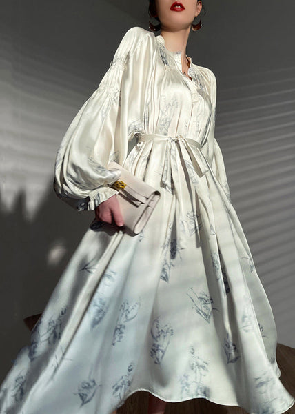 French Beige Print Tie Waist Silk Maxi Dress Long Sleeve AJ1016 shopify