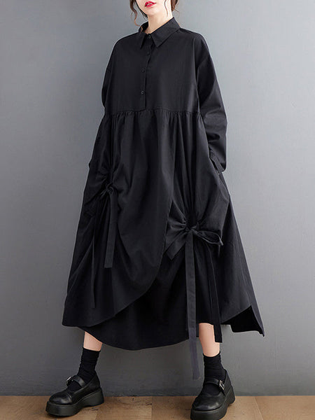 Stylish Black Lapel Buttoned Drawstring Pleated Tied Pockets Sleeves Shirt Dress WS004 shopify