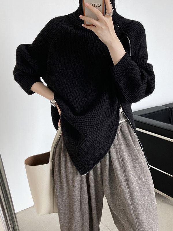 Urban Grey Halter-Neck Split-Side Zip-up Long Sleeve Sweater AN1033 Genistyle Shop