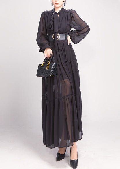 Black Bow Wrinkled Chiffon Maxi Dress Long Sleeve AO1043 JDML-FDL240909