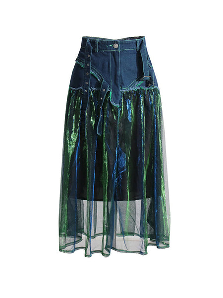 Stylish Denim With Belted Patchwork Blue Green Tulle A-Line Skirt TT1038 shopify