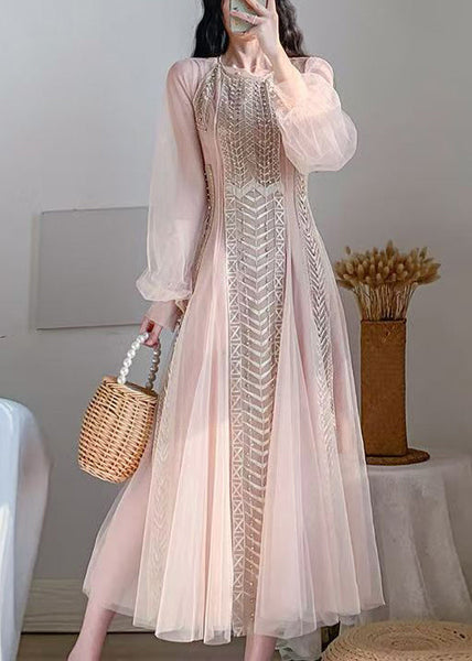2024 New Pink Mesh Tulle Nail Bead Bubble Sleeve Dress AZ1019 shopify