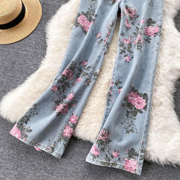 Women Blue Rose Print Wide Leg Denim Pants AR1016 shopify