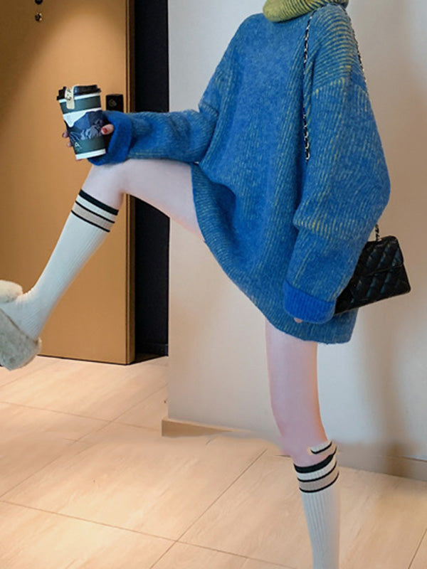 Design Loose Blue Contrast Color High-Neck Long Sleeve Sweater AN1054 Genistyle Shop