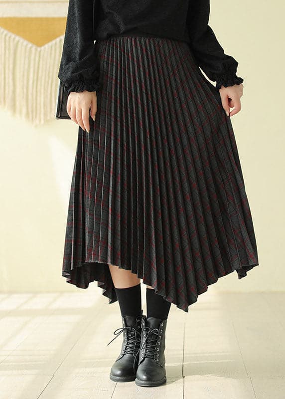 Women Chocolate Elastic Waist Asymmetrical Design Plaid Cotton Skirt Fall AJ1011 shopify