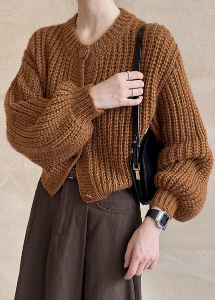 New Brown O Neck Hollow Out Cotton Knit Cardigan Fall AF1014 HS-NCT240914