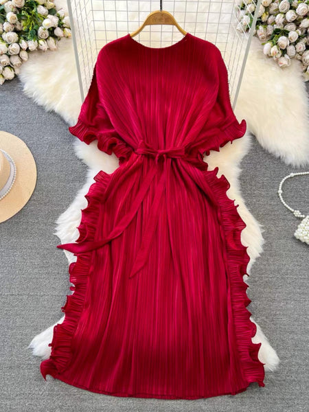 Chic Pink Round Neck Pleated Batwing Sleeve Lace-up Dress AZ1009 Genistyle Shop