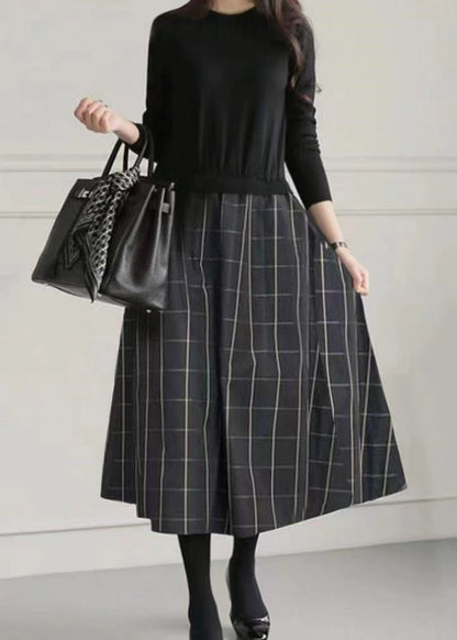 Large Fake Knit Patchwork Two Exra Piece Hem Dresses Black Fitted FashionChic