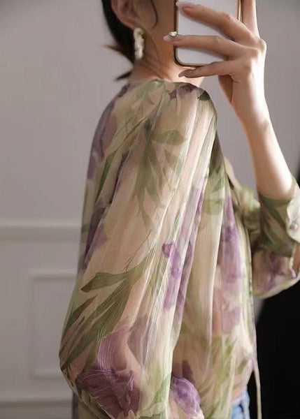 French Green Print Lace Up Chiffon Blouse Long Sleeve EE009 shopify