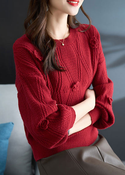 French Red O Neck Plaid Knit Sweater Fall QC031 shopify