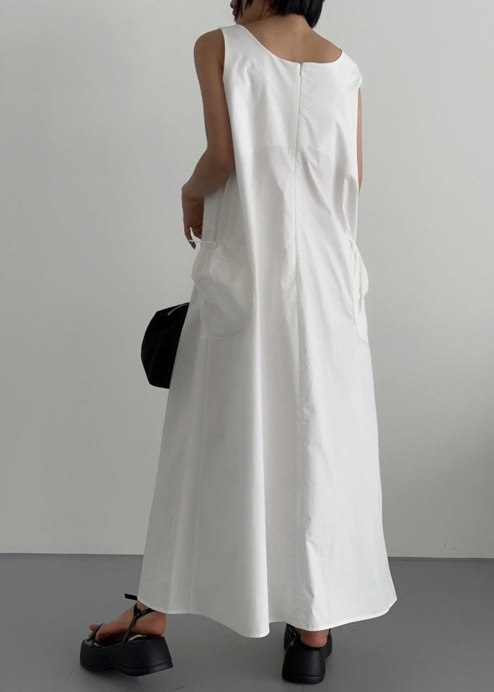 Women Neck Cotton Dresses White Robe Sleeveless U FashionChic