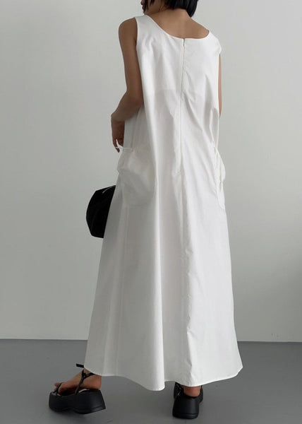 Women Neck Cotton Dresses White Robe Sleeveless U FashionChic