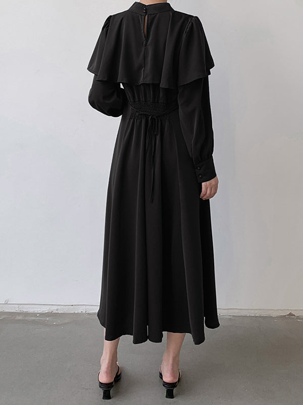 Ruffle Waist Long Mock Tied A-Line Elegant Trim Neck Coffee FashionChic