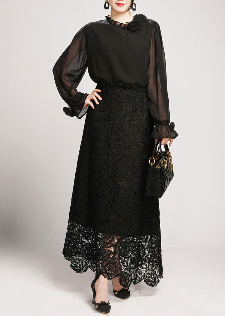 Black Lace Shirts And Maxi Skirts Two Pieces Set V Neck Long Sleeve AO1042 JDML-TPIEC240909