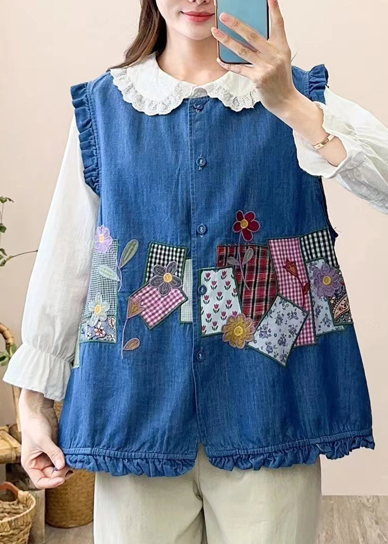 Cute Navy Embroidered Patchwork Button Waistcoat Sleeveless NN038 shopify