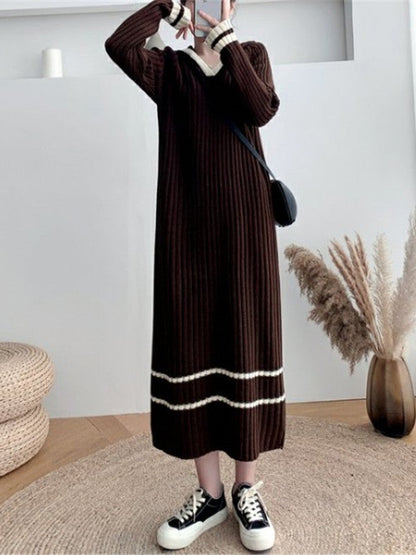 Urban Coffee Hooded V-Neck Long Sleeve Striped Knit Dress AN1051 Genistyle Shop