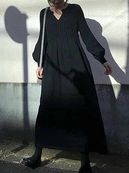 Causal Loose Grey V-Neck Pleated Long Puff Sleeve Knit Dress AN1038 Genistyle Shop