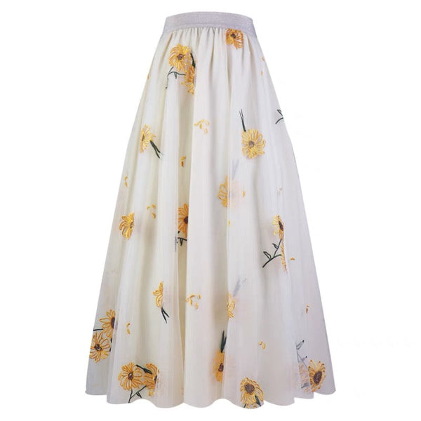 Fairy Beige High Waist Sunflower Embroidered Tulle Skirt NN009 Genistyle Shop
