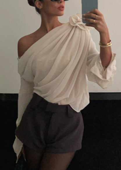 Chiffon One Floral Spring Top Apricot Brief Shoulder FashionChic