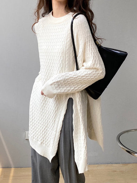 Retro Oatmeal Round-Neck Split-Side Long Sleeve Twist Knit Sweater AN1045 Genistyle Shop