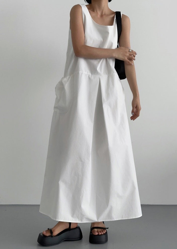 Women Neck Cotton Dresses White Robe Sleeveless U FashionChic