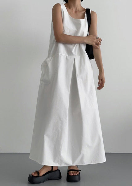 Women Neck Cotton Dresses White Robe Sleeveless U FashionChic