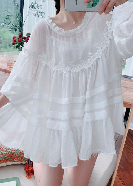 Style White Lace Ruffled Patchwork Cotton Blouses Lantern Sleeve AZ1027 shopify