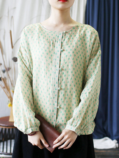 Women Vintage Floral Spring Ramie Button-up Shirt AA1004 Ada Fashion