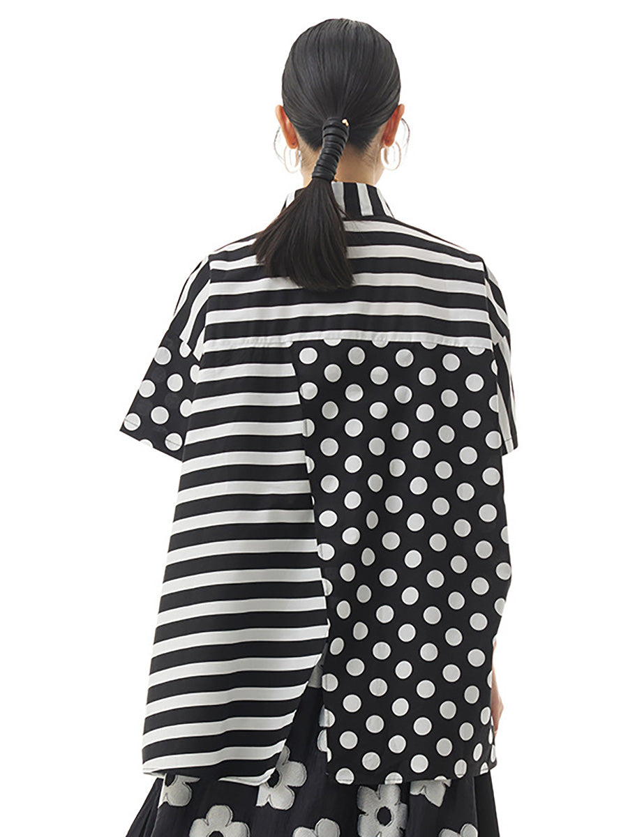 Plus Size Women Cotton Stripe Dot Loose Irregular Shirt AA1022 Ada Fashion