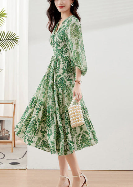 V Green Handmade Neck Bracelet Print Dresses Chiffon Vacation FashionChic
