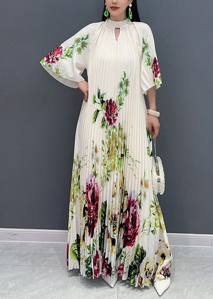 Stylish White Stand Collar Print Maxi Dresses Half Sleeve AO1022 JDML-SDL240909