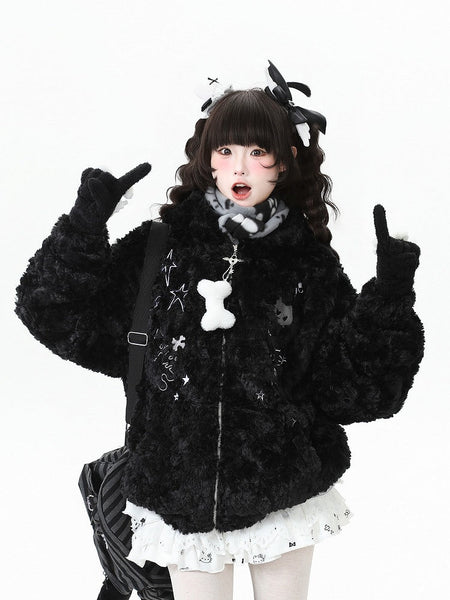 Hoodie Star Plush Bittersweet Pattern Black/Grey Jacket with FashionChic