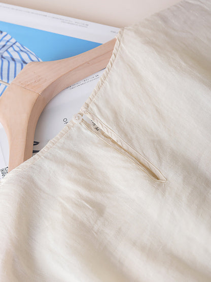 Women Summer Artsy Shirred O-Neck Lacework Ramie Dress CX030 YQMM