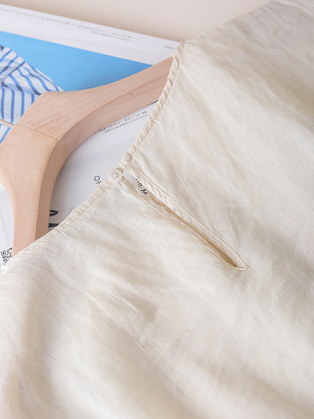 Women Summer Artsy Shirred O-Neck Lacework Ramie Dress CX030 YQMM