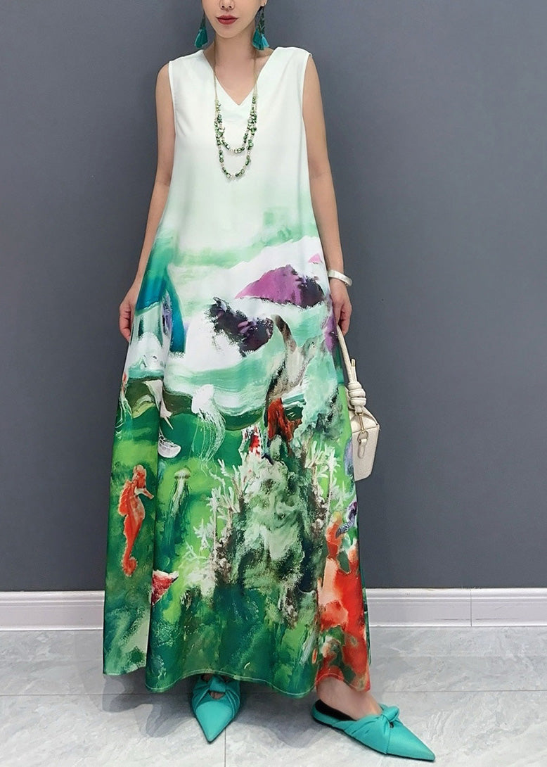 Fashion Blue V Neck Print Long Dress Sleeveless AO1053 JDML-SDL240909