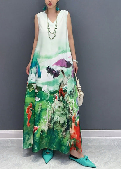 Fashion Blue V Neck Print Long Dress Sleeveless AO1053 JDML-SDL240909