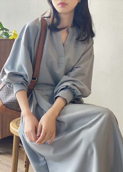 Elegant Apricot V Neck Tie Waist Cotton Long Dress Fall AF1069 HS-FDL240914