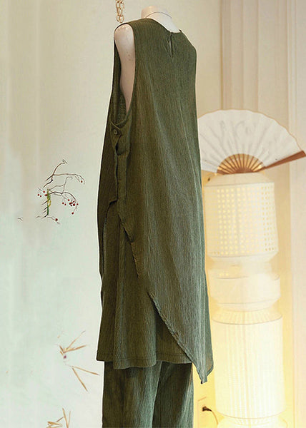 Button Cotton Set Sleeveless Asymmetrical Two Pieces Women Green FashionChic