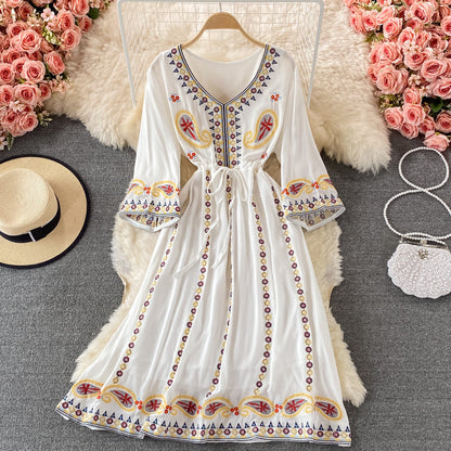 Vintage Green V-neck Tie Waist Flower Embroidery Three-quarter Sleeve A-line Dress AR1022 shopify