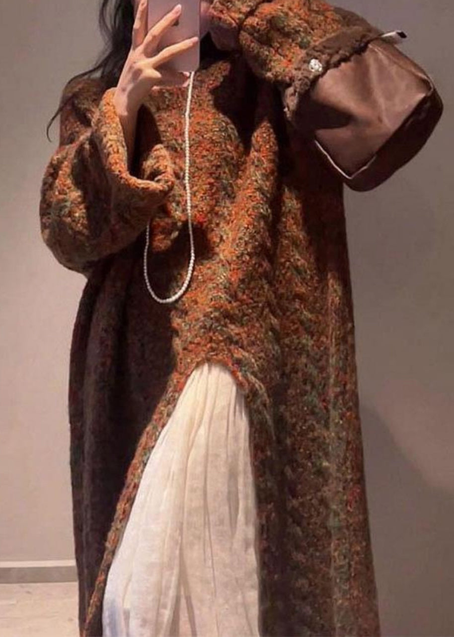 Handmade Coffee O-Neck Asymmetrical Cotton Knit Long Sweaters Winter WV024 ABC