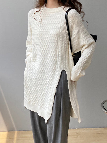 Retro Oatmeal Round-Neck Split-Side Long Sleeve Twist Knit Sweater AN1045 Genistyle Shop