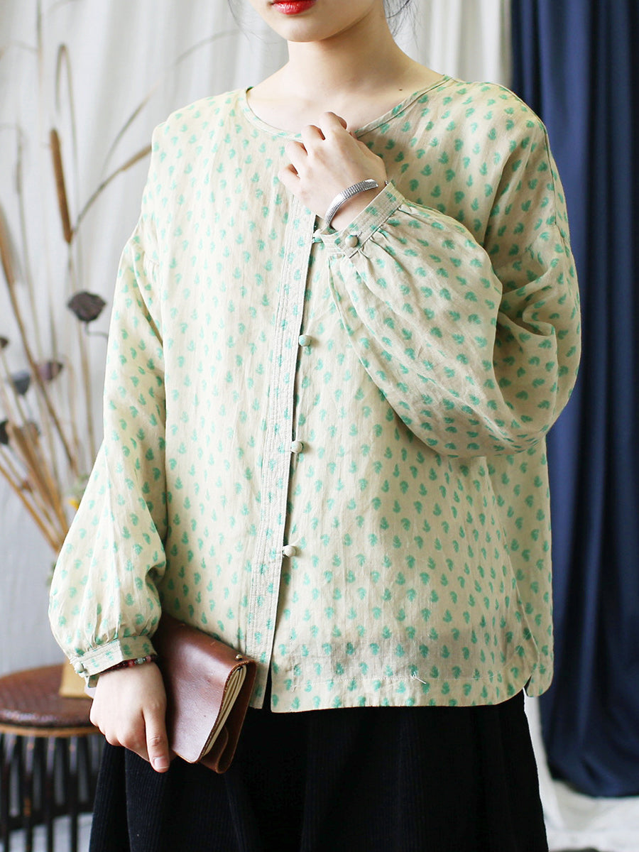 Women Vintage Floral Spring Ramie Button-up Shirt AA1004 Ada Fashion